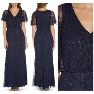 Adrianna Papell NWT Beaded Blouson Gown Navy Dark Blue Long Cocktail Dress Sz 2